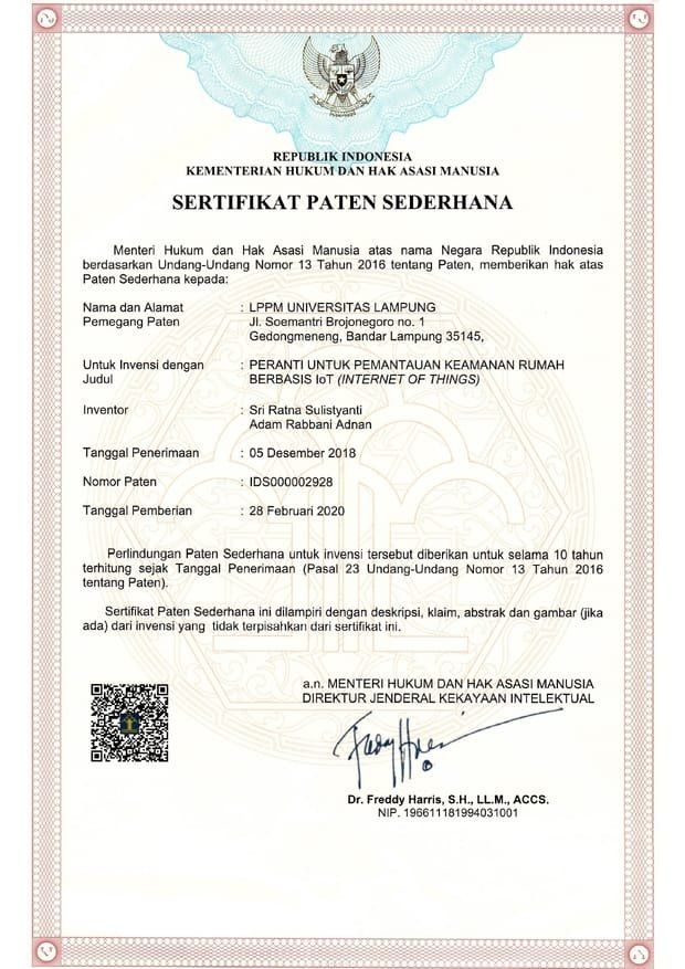 Patent certificate IDS000002928 issued by the Ministry of Law and Human Rights of the Republic of Indonesia
